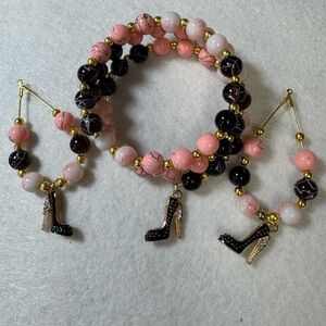 Pink and Black Beaded Bracelet and Earring Set
